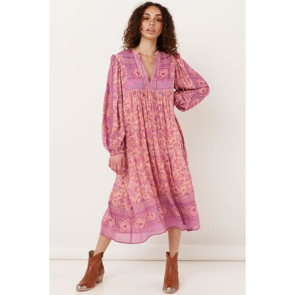 NWT Spell & The Gypsy Pink Blossom Print Folk Song Boho Midi Dress Womens XS - Picture 1 of 7